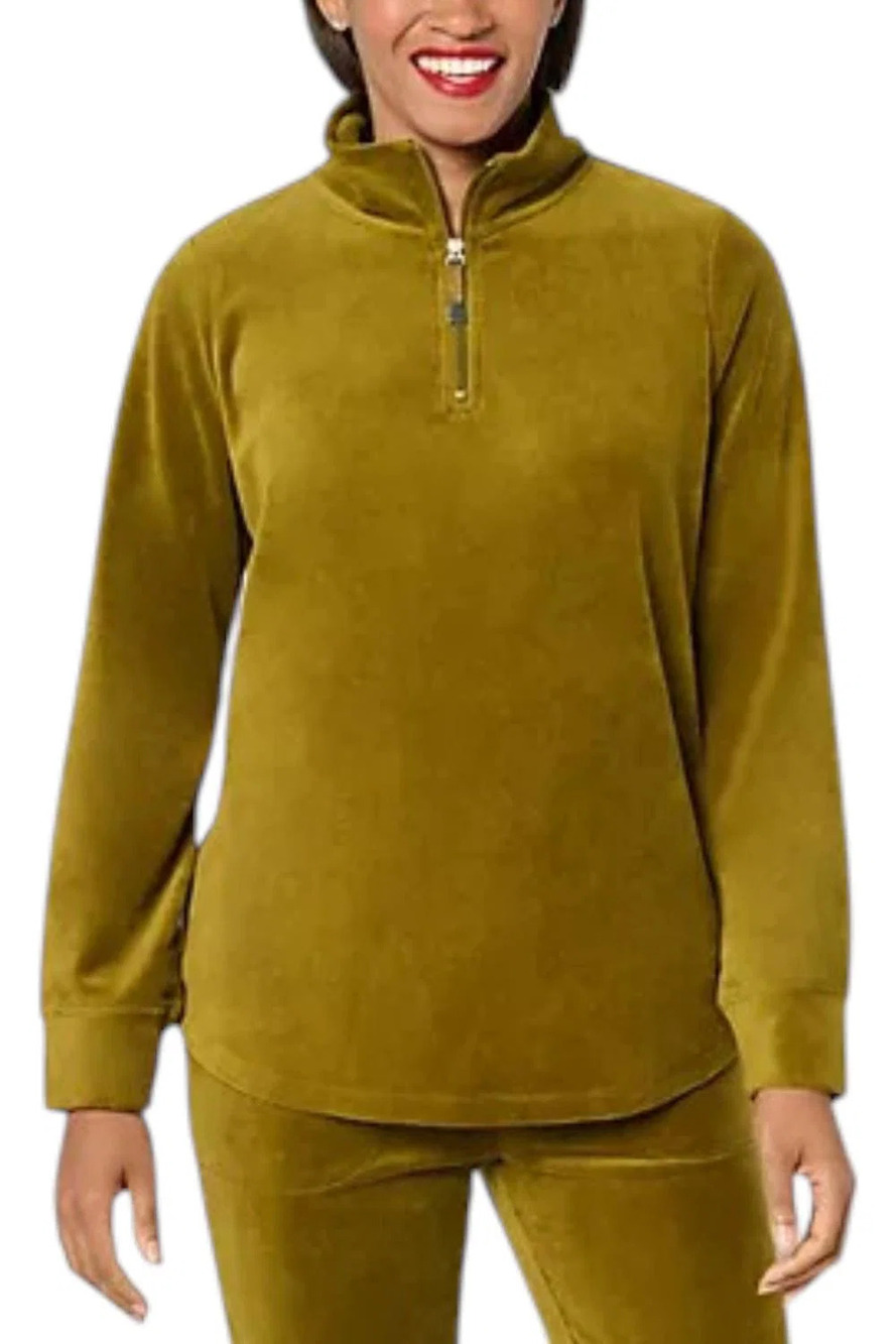 Denim & Co. Active Women's Velour Quarter Zip Top Deep Moss - Regular